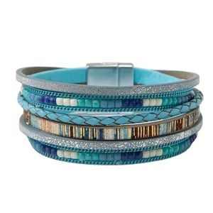 Blue Leather Multi Layer Shimmer Magnetic Bracelet